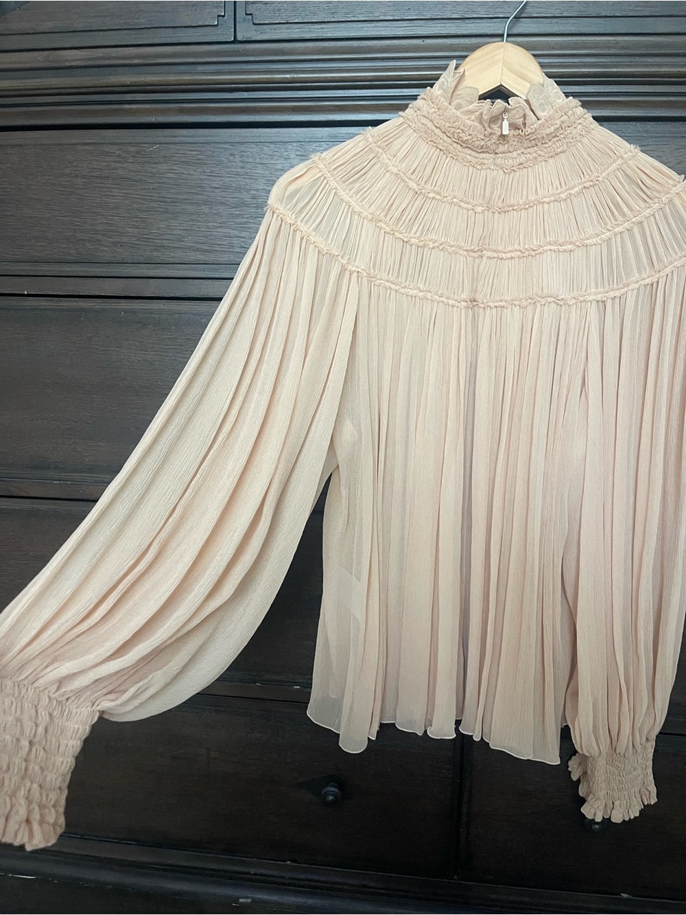 Chloé Smocked High-Neck Pleated Silk Blouse in Nude Beige - Picture 7 of 10